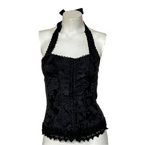 Fredericks of Hollywood Corset Halter Top Black Floral Satin & Lace up XS S 34